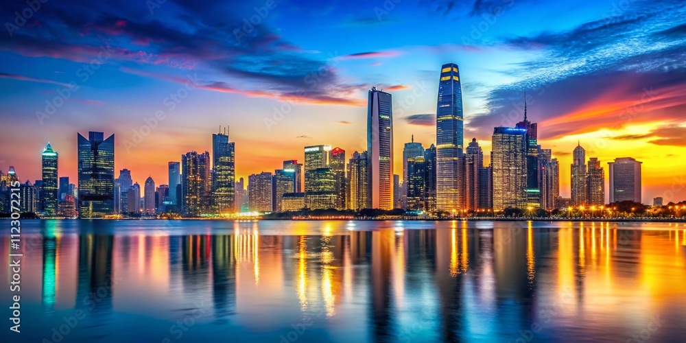 Fototapeta premium Stunning Background Images of Modern Cities at Dusk with Vibrant Lights and Skyscrapers, Perfect for Urban Themes and Digital Projects, Featuring Copy Space for Text Inclusion