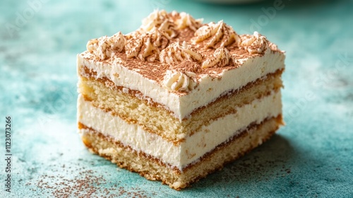 A single slice of tres leches cake on a pastel teal background