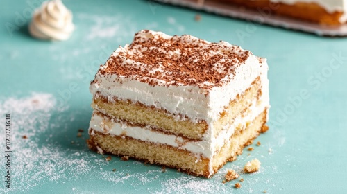 A single slice of tres leches cake on a pastel teal background