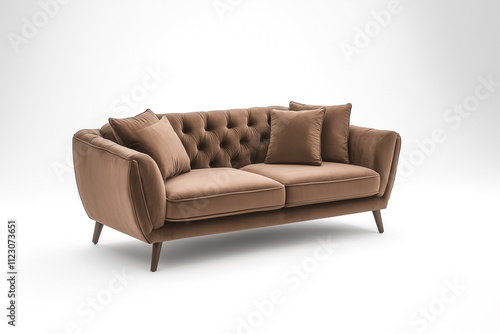 A modern sofa in the color of mocha mousse with a capitone back. White background.