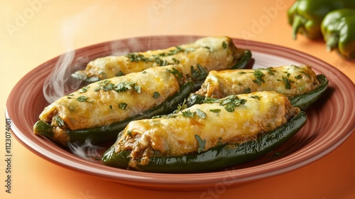 Plate of chiles rellenos on a pastel orange background