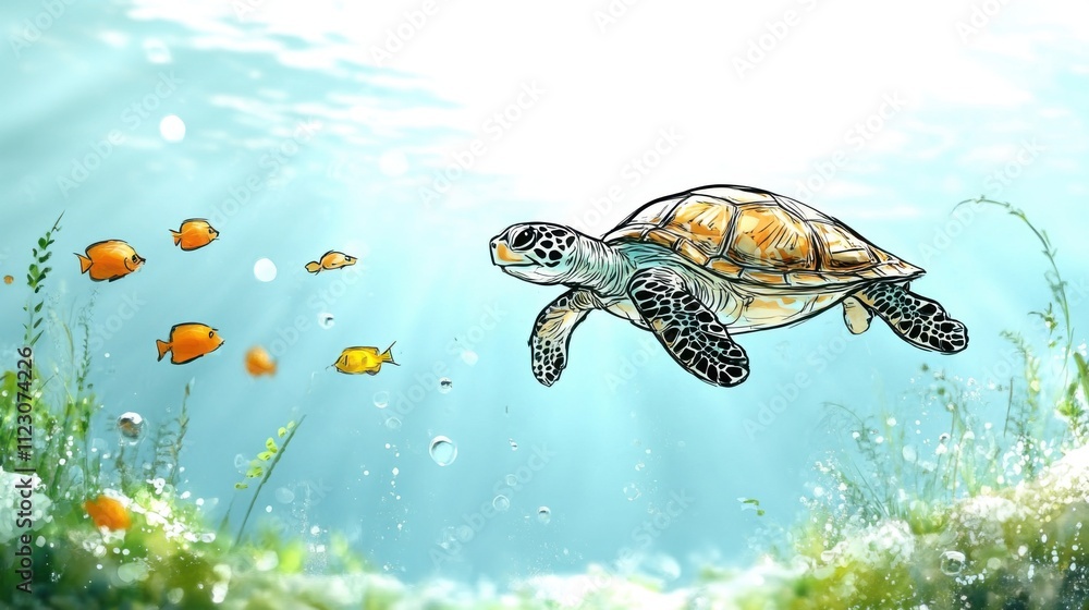 Fototapeta premium Underwater Scene with Sea Turtle Swimming Among Colorful Fish and Lush Marine Flora in Vibrant Waters