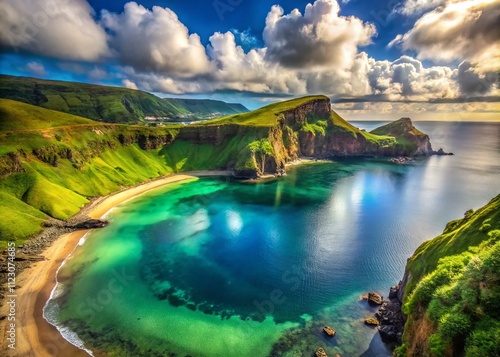 Stunning Documentary Photography of Baia de Alem Beach, with Lush Green Cliffs and Crystal Clear Waters in Flores Island, Azores, Portugal, Showcasing Nature's Beauty and Serenity