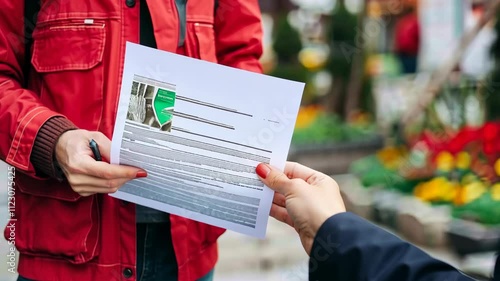 Person in Red Jacket Sharing Information Leaflet