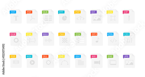 Cartoon Color File Type Different Format and Extension of Documents Icons Set Include of Pdf, Doc, Jpg and Psd. Vector illustration