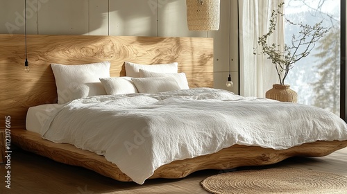 Natural teak bed with open frame design showcasing unique wood variations in a modern bedroom setting