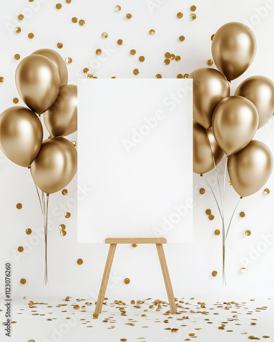 invitation or party sign mockup on an easel with golden balloons and confetti