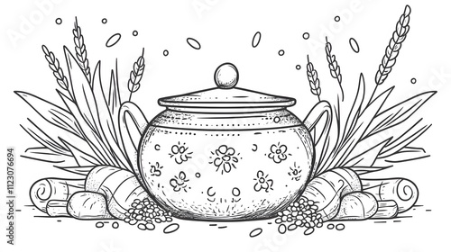 Simple black and white sketch of a traditional festive pot surrounded by sugarcane and paddy in clean line art style