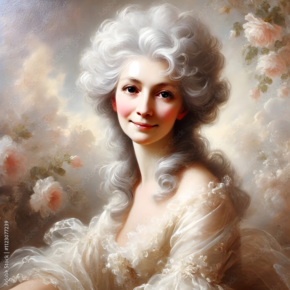 Fototapeta premium A beautiful older woman with elegant, curly gray hair wearing a pink dress and surrounded by soft, pastel-colored flowers.