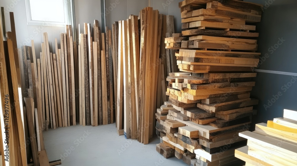 Obraz premium Sawn planks of varying sizes stacked against a wall in a modern carpentry workshop.