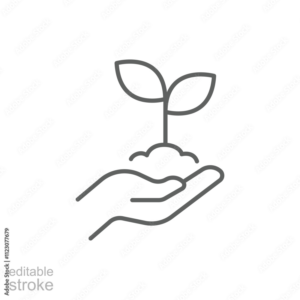 Plant in hand icon. Simple outline style. Hand holding plant with leaves, tree, grow, leaf, sprout, seedling, nature, ecology concept. Thin line symbol. Vector illustration isolated. Editable stroke. Plant in hand icon. Simple outline style. Hand holding plant with leaves, tree, grow, leaf, sprout, seedling, nature, ecology concept. Thin line symbol. Vector illustration isolated. Editable stroke.