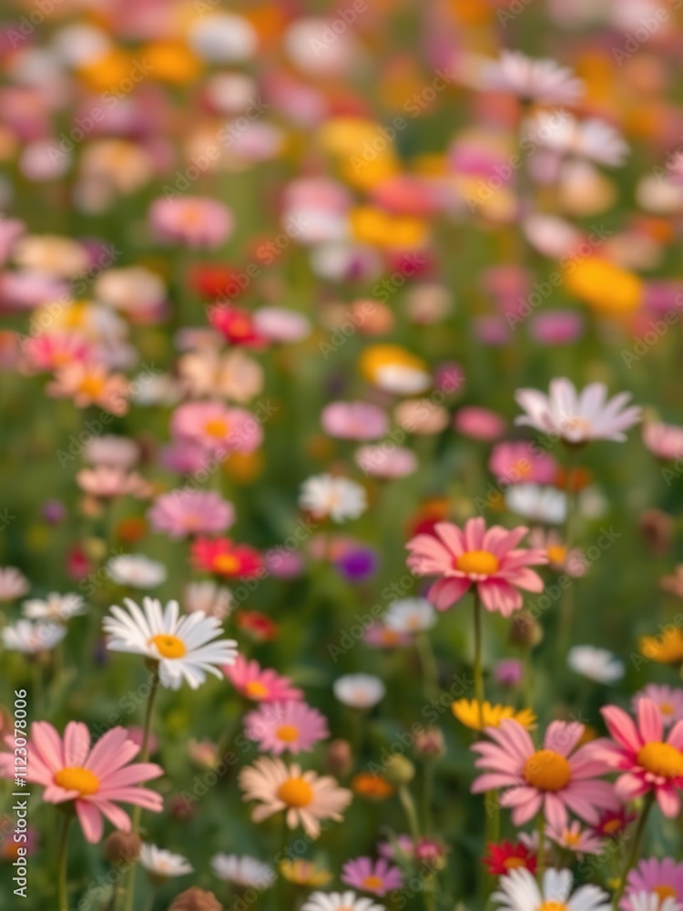 soft focus on a field of blooming colorful flowers, blurred background, spring flowers, vibrant colors soft focus on a field of blooming colorful flowers, blurred background, spring flowers, vibrant colors