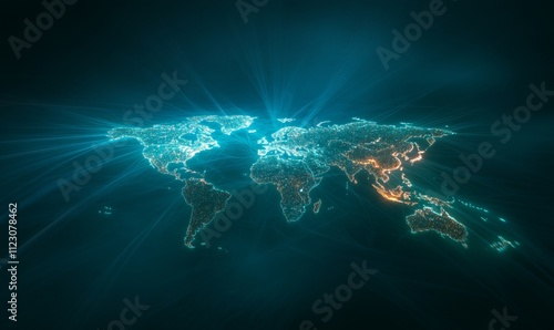 A digital representation of a glowing world map with light effects.