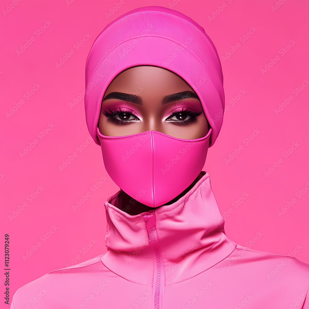 A fashionable portrait of a woman wearing a striking pink mask and outfit, standing out against a bright pink backdrop. A fashionable portrait of a woman wearing a striking pink mask and outfit, standing out against a bright pink backdrop.