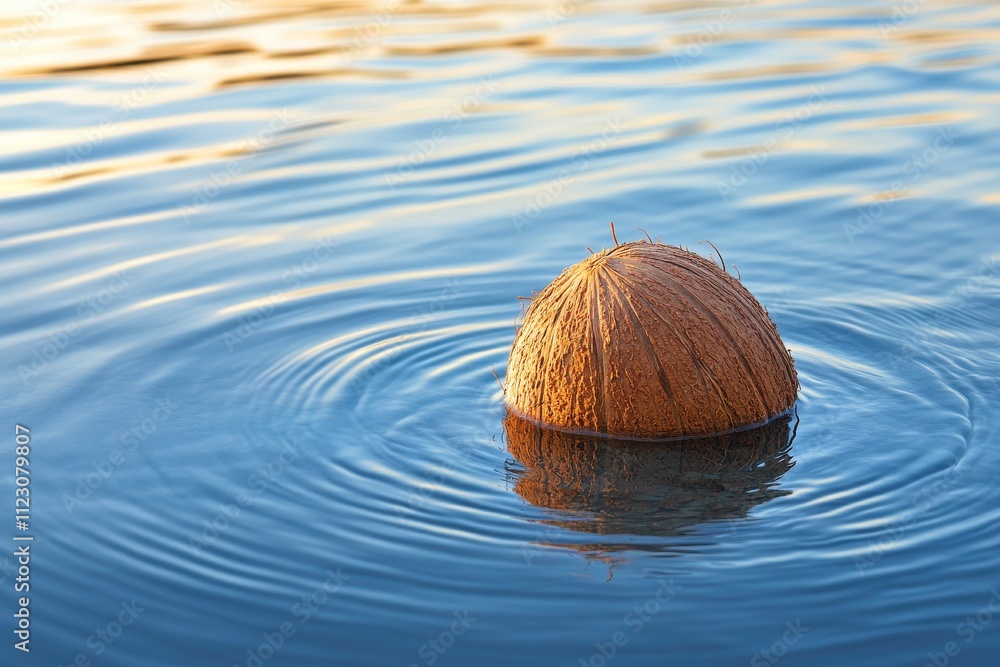 Serene Evening Scene with a Floating Coconut in Calm Blue Water, Soft Light Reflecting on the Surface, Isolated in an Expansive Ocean Background Serene Evening Scene with a Floating Coconut in Calm Blue Water, Soft Light Reflecting on the Surface, Isolated in an Expansive Ocean Background