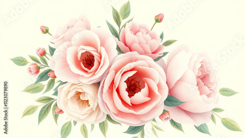 Watercolor roses and peony flowers in a romantic, vintage-inspired arrangement, wedding ideas., watercolor roses, floral inspiration, vintage romance, peonies