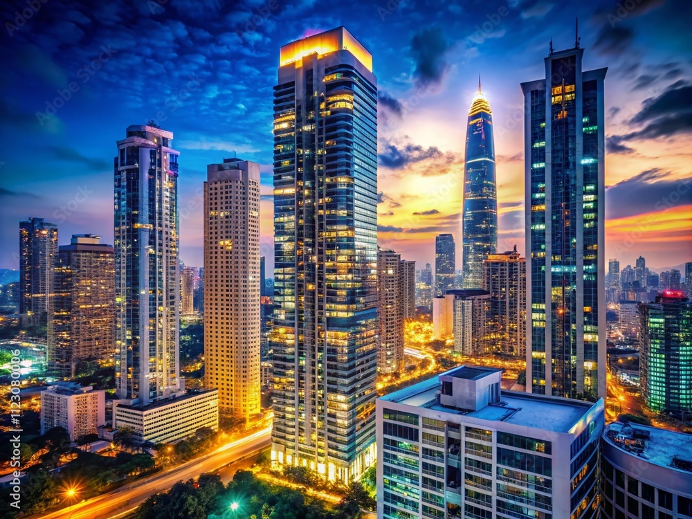 Fototapeta premium Stunning Luxury High-Rise Building Illuminated at Night with a Breathtaking City Skyline in the Background and Ample Copy Space for Your Creative Needs