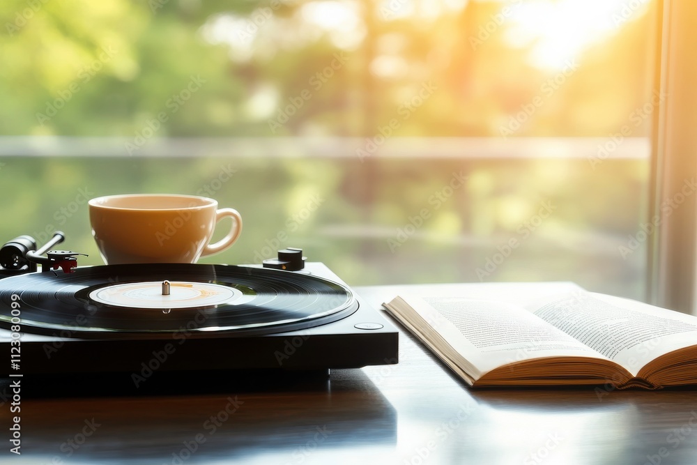 Serene Morning Scene with Vinyl Record on Turntable Next to a Cup of Coffee and an Open Book Bathed in Soft Light Streaming Through the Window
