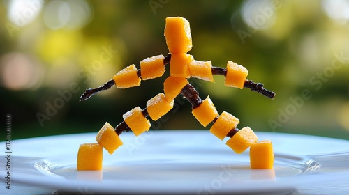 Mango cubes and twigs forming a human figure on a plate. photo