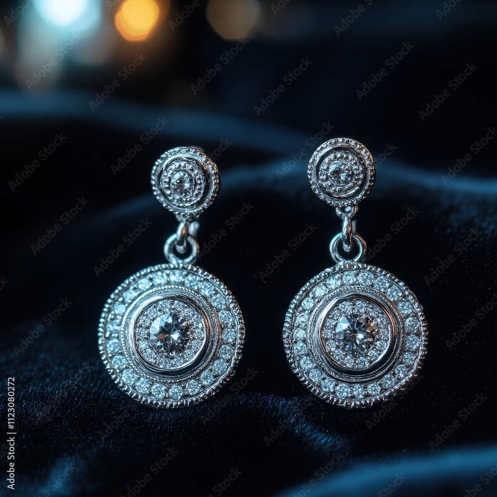 Fototapeta premium Luxurious silver drop earrings with stunning diamond encrustations resting elegantly on black velvet under dramatic lighting