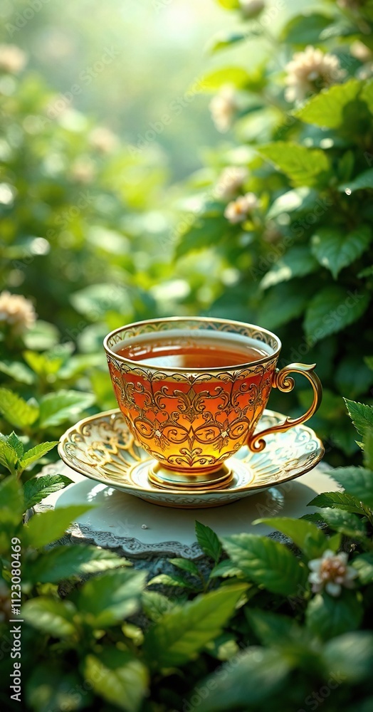 Whimsical cup of tea with intricate gold filigree resting on a delicate saucer amidst lush greenery, delicate, refined Whimsical cup of tea with intricate gold filigree resting on a delicate saucer amidst lush greenery, delicate, refined