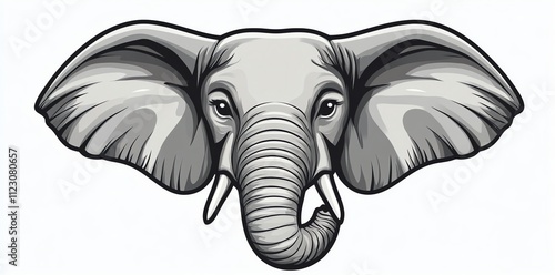 A stylized illustration of an elephant's head in grayscale with detailed features. photo