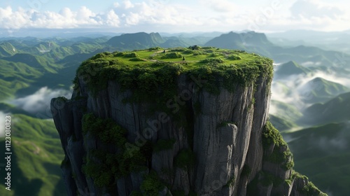 A majestic, isolated mountain peak, its summit crowned with a verdant plateau, soars above a misty landscape of rolling hills
