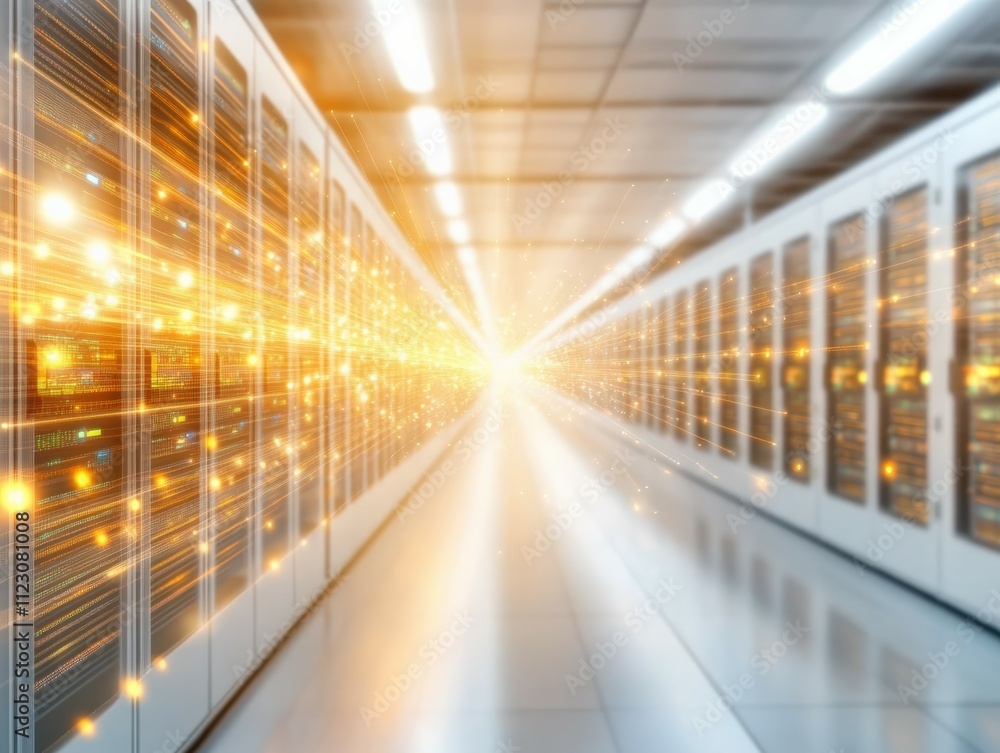 Obraz premium Futuristic high-tech data center infrastructure and analytics in a brightly lit environment