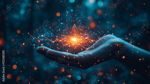 A hand reveals a burst of light and energy, symbolizing innovative business growth strategies and potential in a vibrant setting