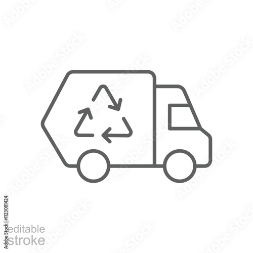 Garbage truck icon. Simple outline style. Landfill, recycling, trash, container, garbage management, vehicle, transportation concept. Thin line symbol. Vector illustration isolated. Editable stroke.