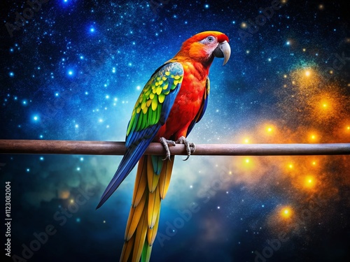 Stunning Night Photography of Electus Parrot Bird Perched on Long Bar Amidst a Starry Sky, Capturing the Vibrant Colors and Intricate Details of this Exotic Avian Species photo