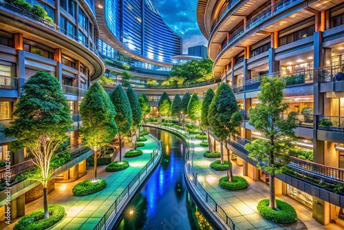 Stunning Night View of Canal City Hakata in Fukuoka, Kyushu, Showcasing Illuminated Trees and Lush Greenery Amidst Curvy Architectural Designs, December 2021 photo