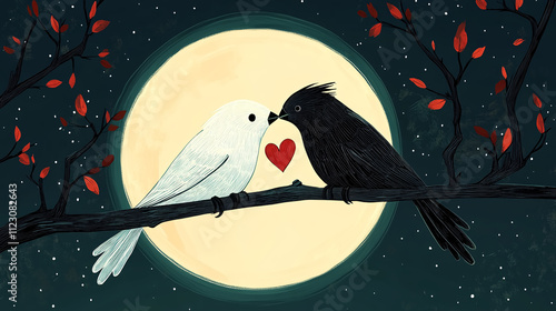 Illustration of a black bird and a white bird sitting near a branch with the full moon in the background.