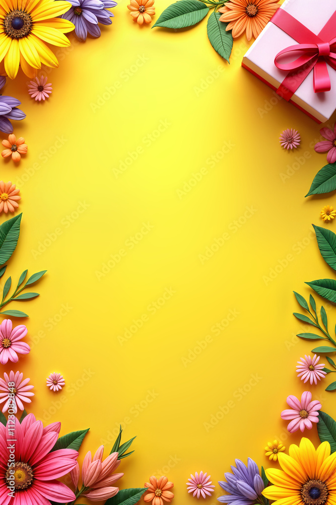 Obraz premium Holiday card. Vibrant yellow background adorned with a variety of colorful flowers and leaves, creating a festive and cheerful atmosphere. A large empty space is centrally placed.