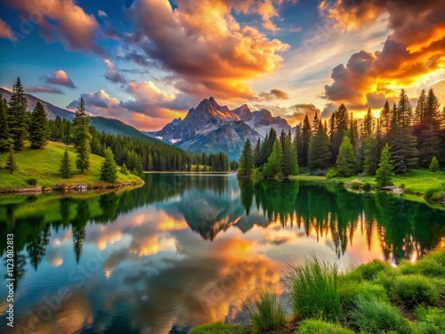 Stunning Panoramic Landscape Photography Showcasing Majestic Mountains and a Serene Lake at Sunset, Capturing the Beauty of Nature in a Breathtaking Scene