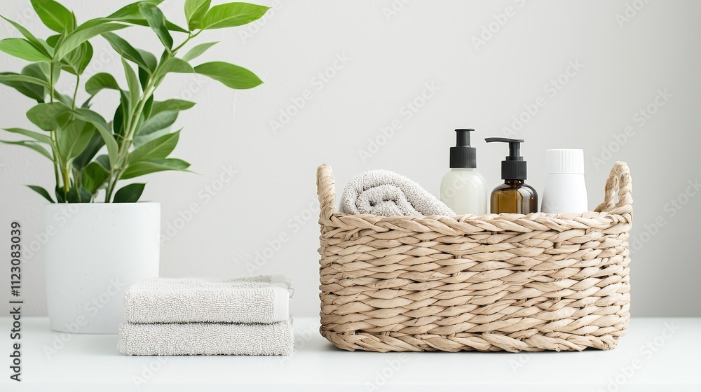 Home spa essentials bathroom product arrangement minimalist design Home spa essentials bathroom product arrangement minimalist design