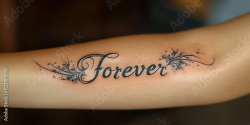 Elegant cursive tattoo of the word forever beautifully captured in macro realism on a person's arm