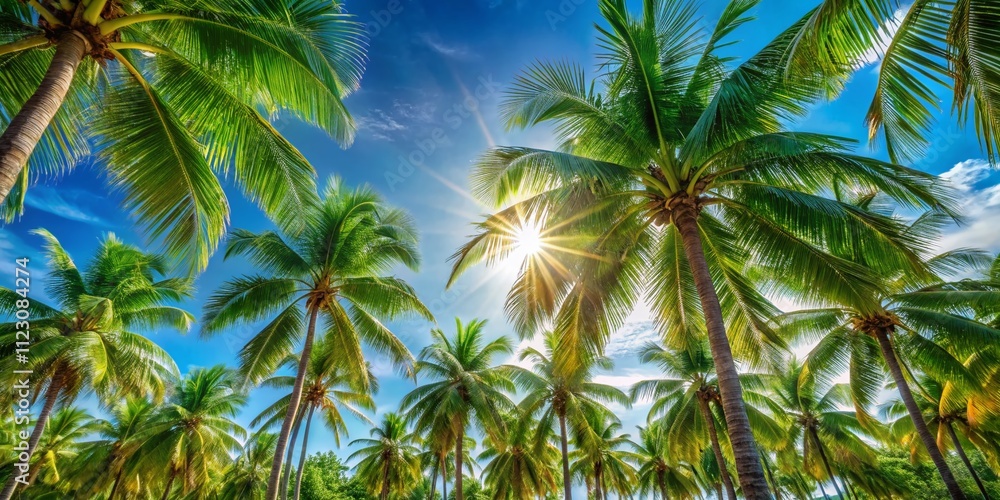 Fototapeta premium Stunning Product Photography of Coconut Trees Under a Clear Blue Sky, Perfect for Tropical Themes and Advertisements Featuring Exotic Locations and Natural Beauty
