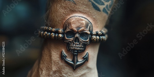 Adventurous pirate-themed bracelet tattoo featuring a skull and anchor design on a male wrist photo