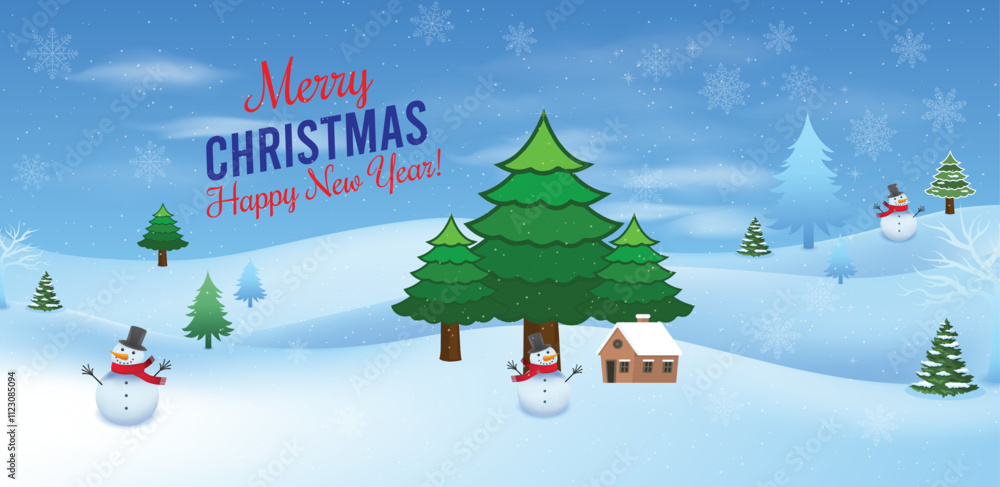 Fototapeta premium Merry Christmas and Happy New Year Winter Scene with Snowman. Merry christmas happy new year and winter background. Christmas Tree