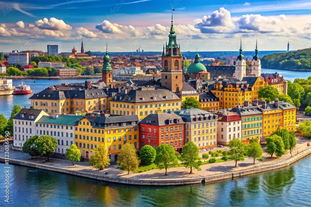 Fototapeta premium Stunning Stockholm Landscape: A Panoramic View of the Old European City Showcasing Scandinavian Architecture and Charming Waterfronts in Vibrant Colors