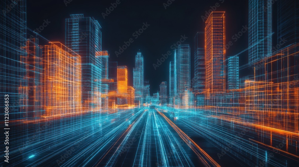 Fototapeta premium Futuristic Cityscape: A Digital Wireframe Metropolis at Night