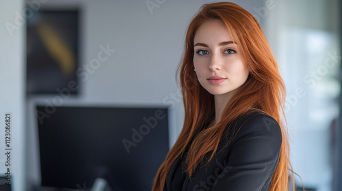 A modestly dressed woman in business attire, standing confidently with a professional and elegant presence.

 photo