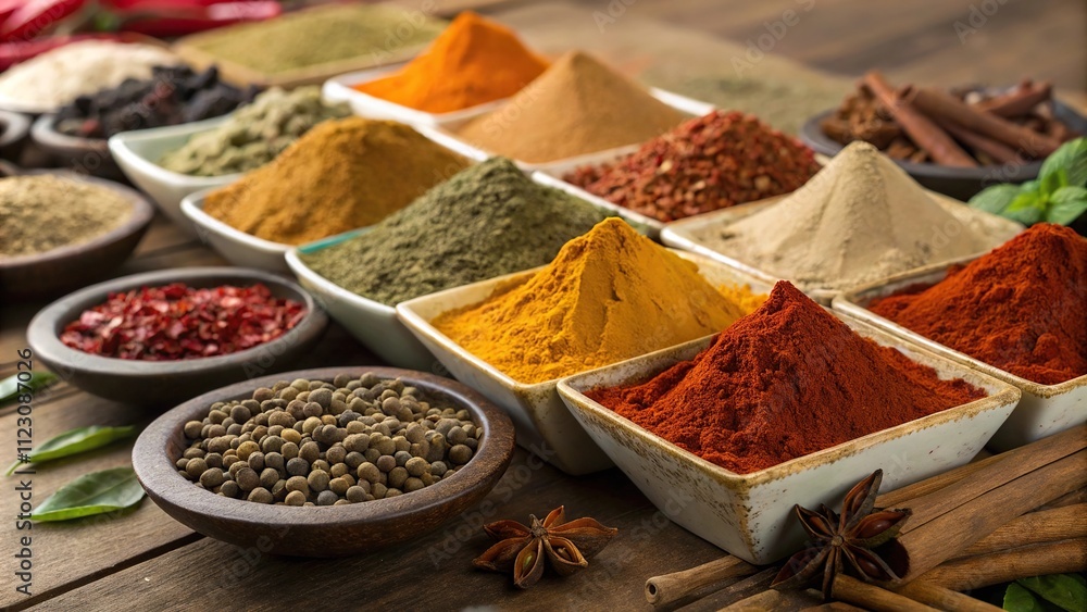 Fototapeta premium Colorful array of Indian spices on a wooden table, colorful powders, fragrant aroma, aromatic herbs
