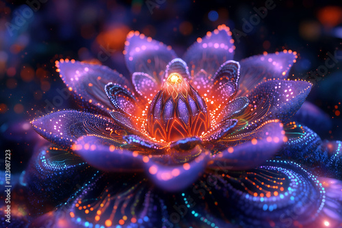 Magical fantasy flower glowing  with neon lights, vibrant bright violet dreamlike fairy tale plant in bloom, mesmerizing artwork.