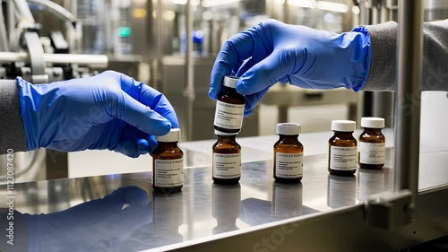 Pharmaceutical Laboratory Scene with Gloved Hands Handling Medicine Bottles on a Stainless Steel Surface

 photo