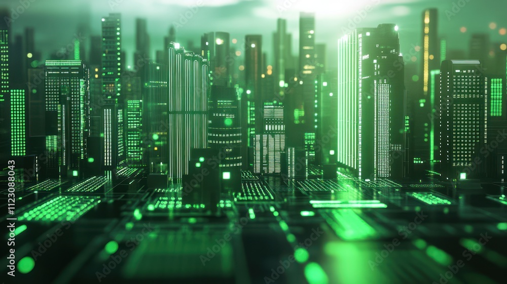 Obraz premium Futuristic Green Cityscape: A Digital Metropolis at Night