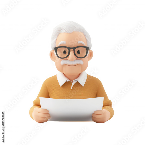An elderly man reading a document with glasses and a warm smile., isolated on a transparent background.