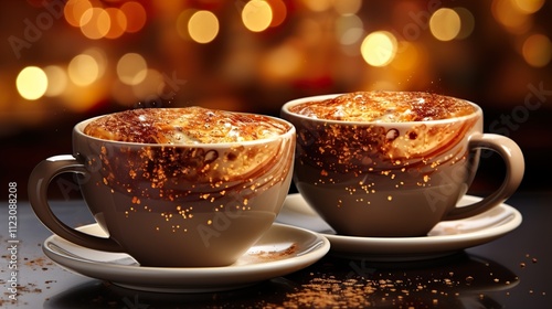 Wallpaper Mural Late art coffee cups on blur bokeh brown festive winter background  HD 8K wallpaper Stock Photographic Image Torontodigital.ca