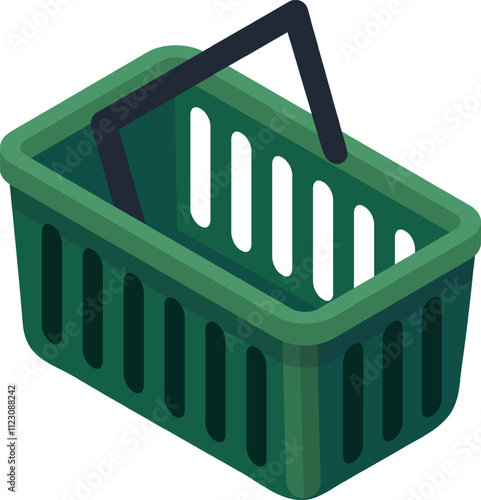 Empty green plastic shopping basket with black handle represents online shopping, retail, consumerism, and purchasing power in a simple yet effective visual metaphor
